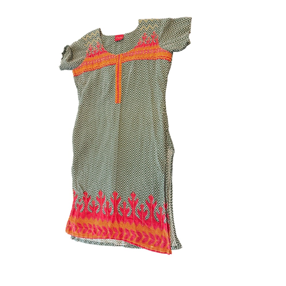 Saheli Green Chevron Kurti Tunic Orange Pink Embroidered Sequin Short Sleeve Top